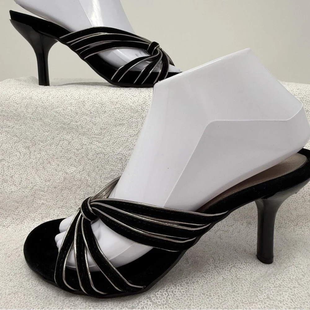 Kenneth Cole Reaction Black Velvet Metallic Trim Slip-On Heeled Sandals Size 8 - Picture 9 of 11